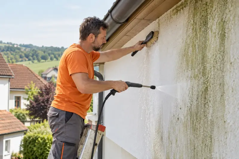 Handwerker entfernt Algen von einer weißen Fassade