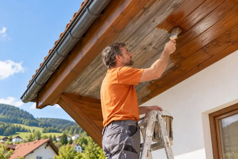 Maler streicht die hölzerne Dachuntersicht