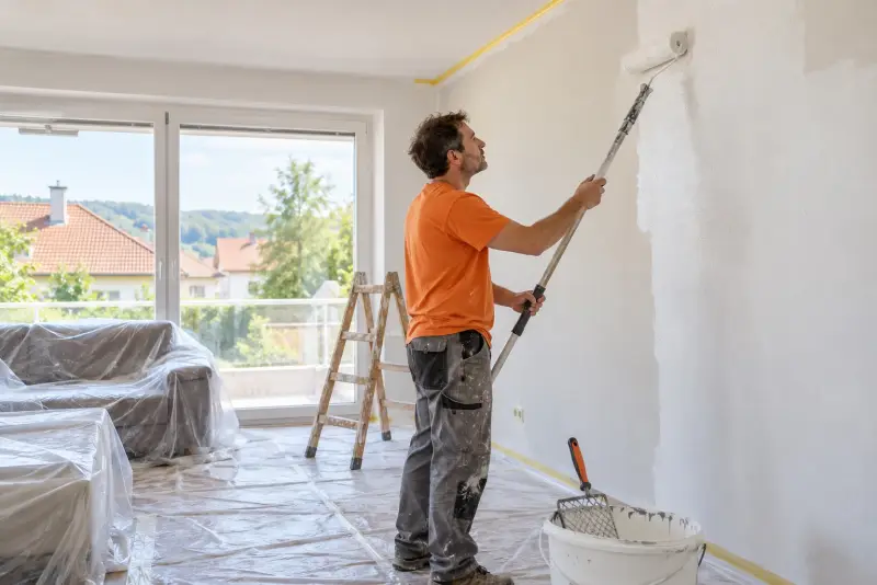 Maler streicht eine Wohnzimmerwand, Möbel sind abgedeckt